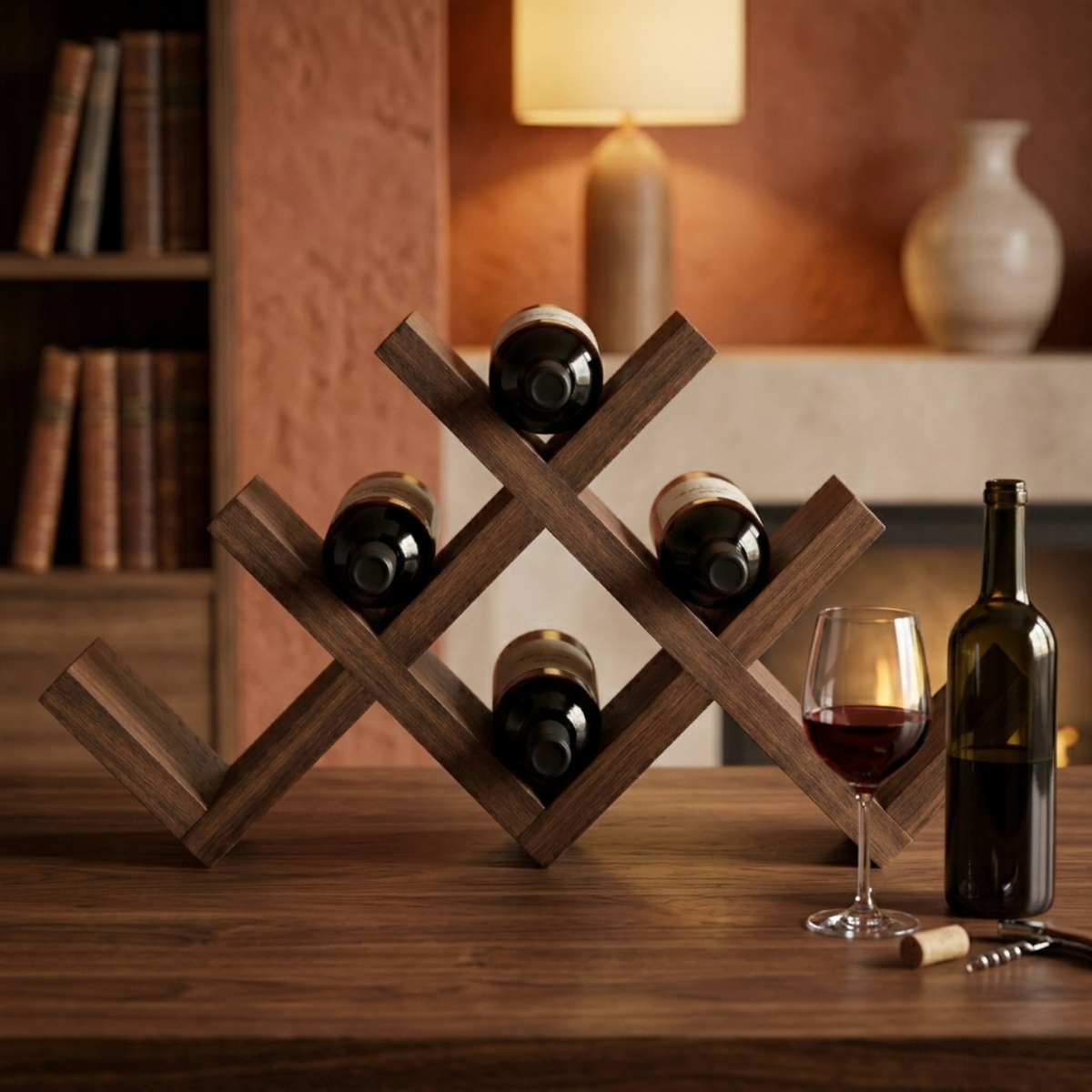 Vinea Walnut X – Klein Handgemaakt Wijnrek X-Design Van Walnoothout Voor Op De Kast
