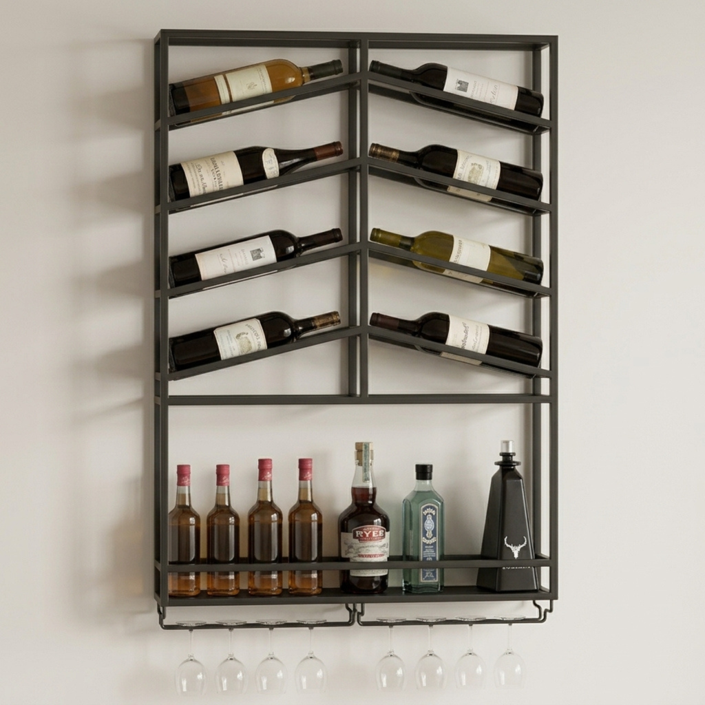 Vinea Loft - Zwart Metalen Wijnrek Voor Aan De Muur Met Glazenhouder