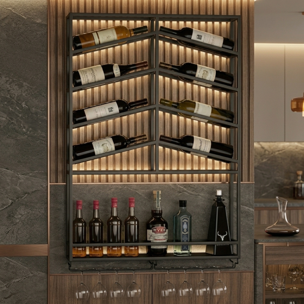Vinea Loft - Zwart Metalen Wijnrek Voor Aan De Muur Met Glazenhouder
