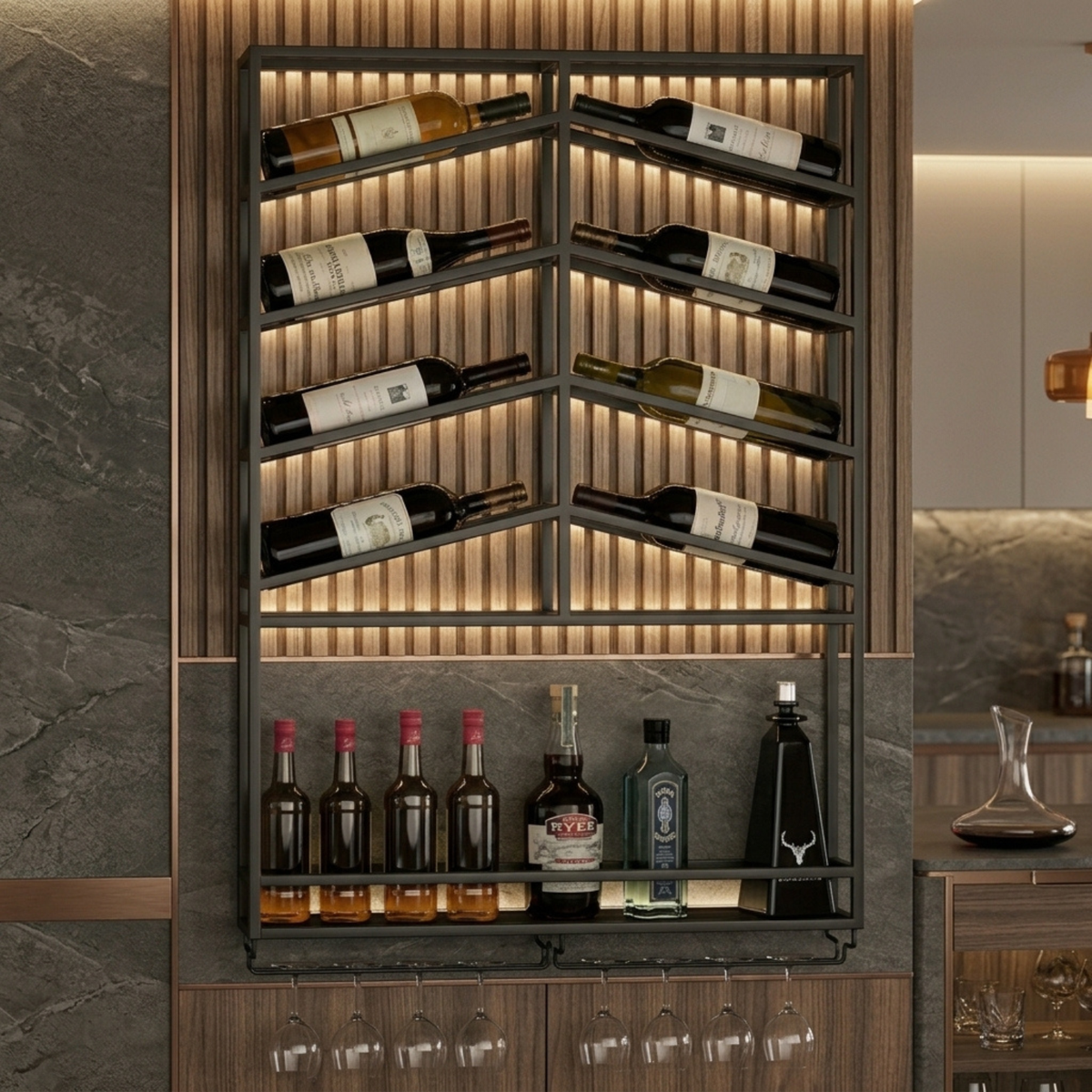 Vinea Loft - Zwart Metalen Wijnrek Voor Aan De Muur Met Glazenhouder
