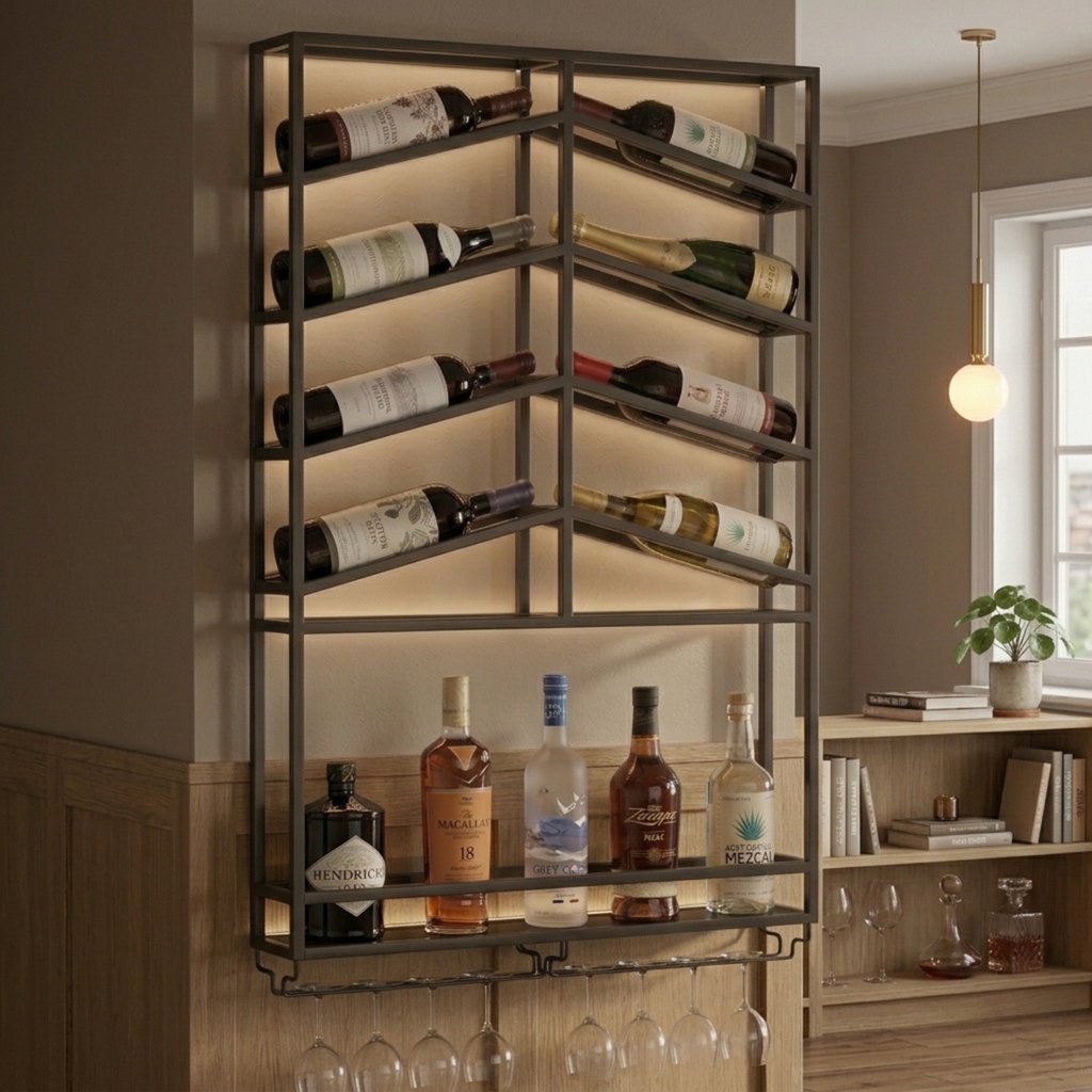 Vinea Loft - Zwart Metalen Wijnrek Voor Aan De Muur Met Glazenhouder