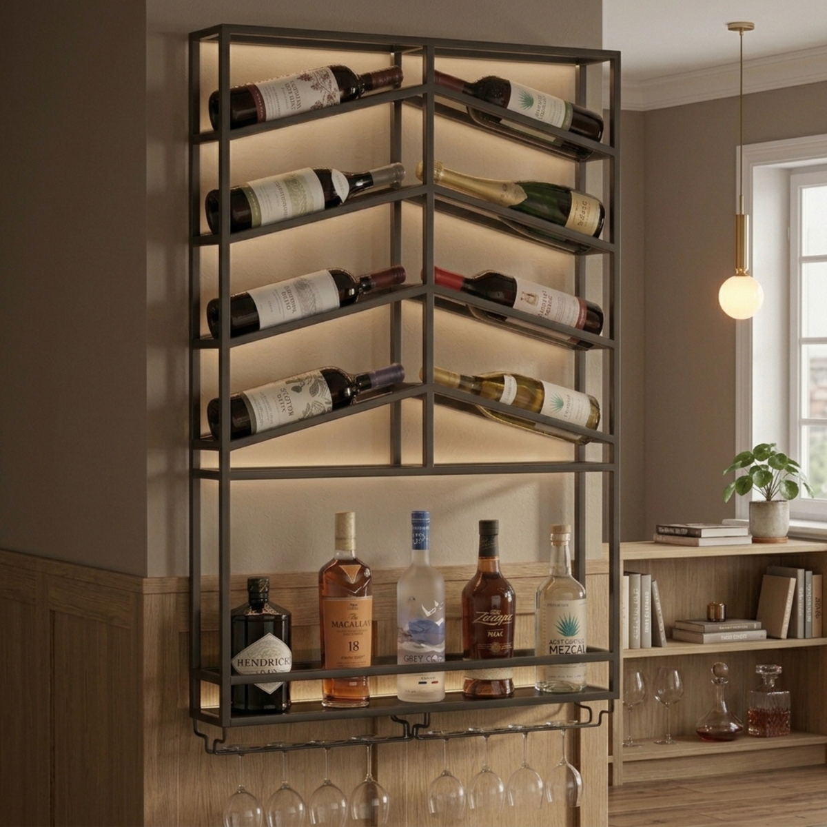 Vinea Loft - Zwart Metalen Wijnrek Voor Aan De Muur Met Glazenhouder